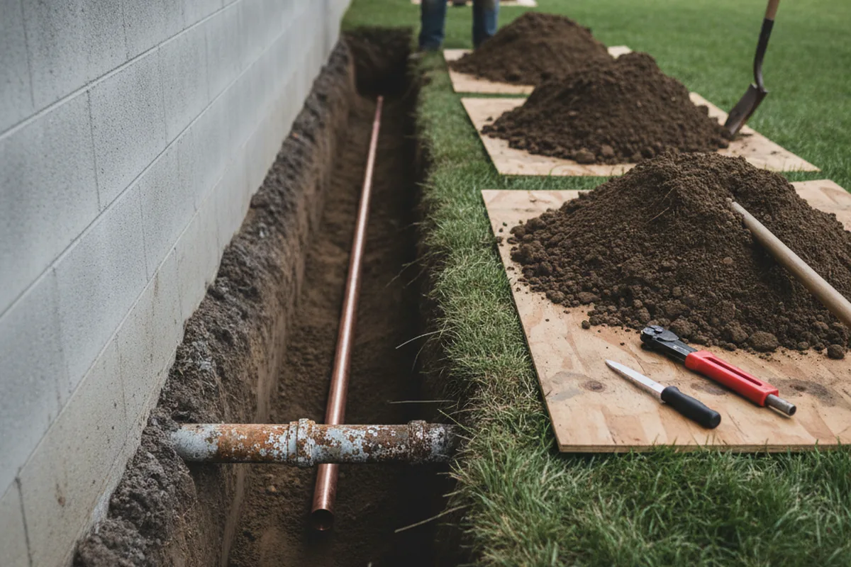 Excavated water line trench during Sewer Line Repair in Freeport
